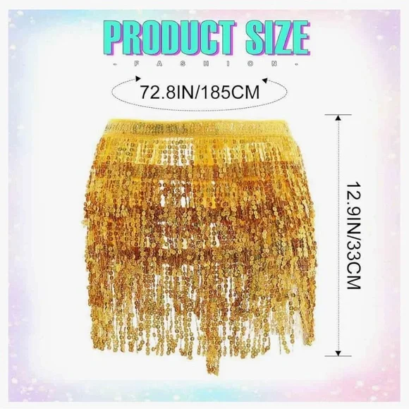 💖 BUY 2 for $15 💖 Boho Sequin Tassel Hip Scarf Multilayer Belly Dance Skirt - Picture 4 of 5